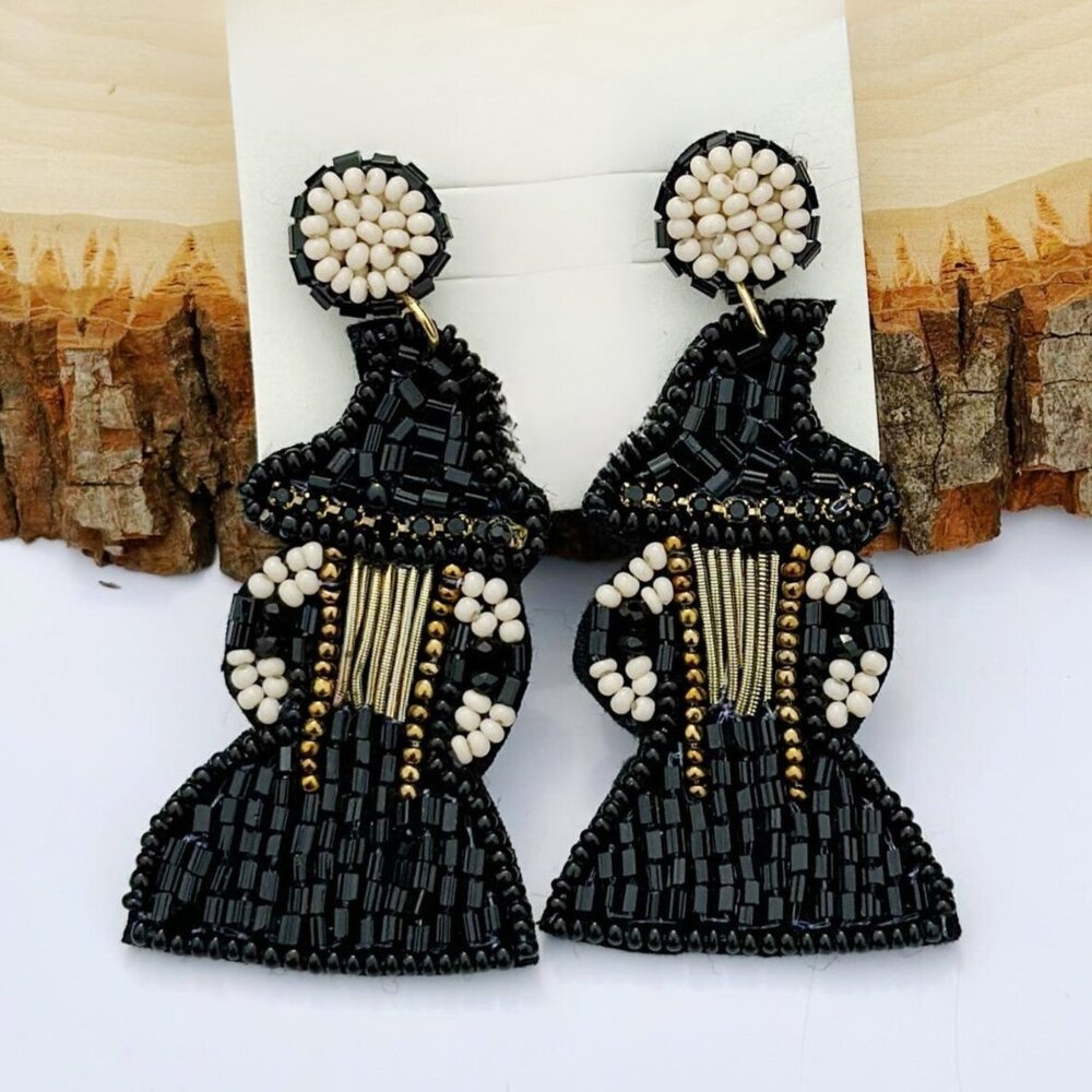Little Miss Witch Halloween Goth Theme Seed Beaded Artisan Earrings